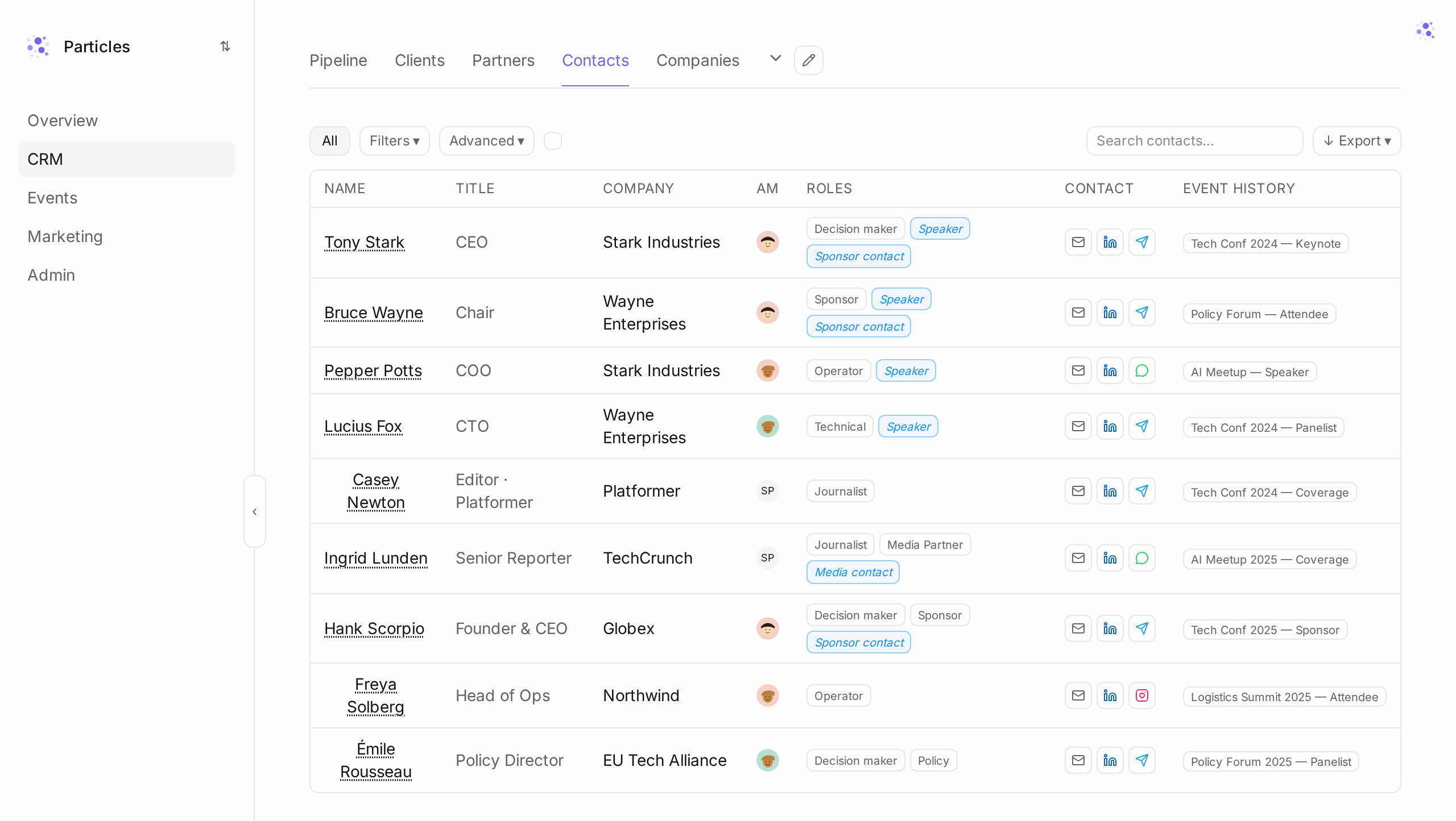 Particles CRM contacts list with multiple role tags per person