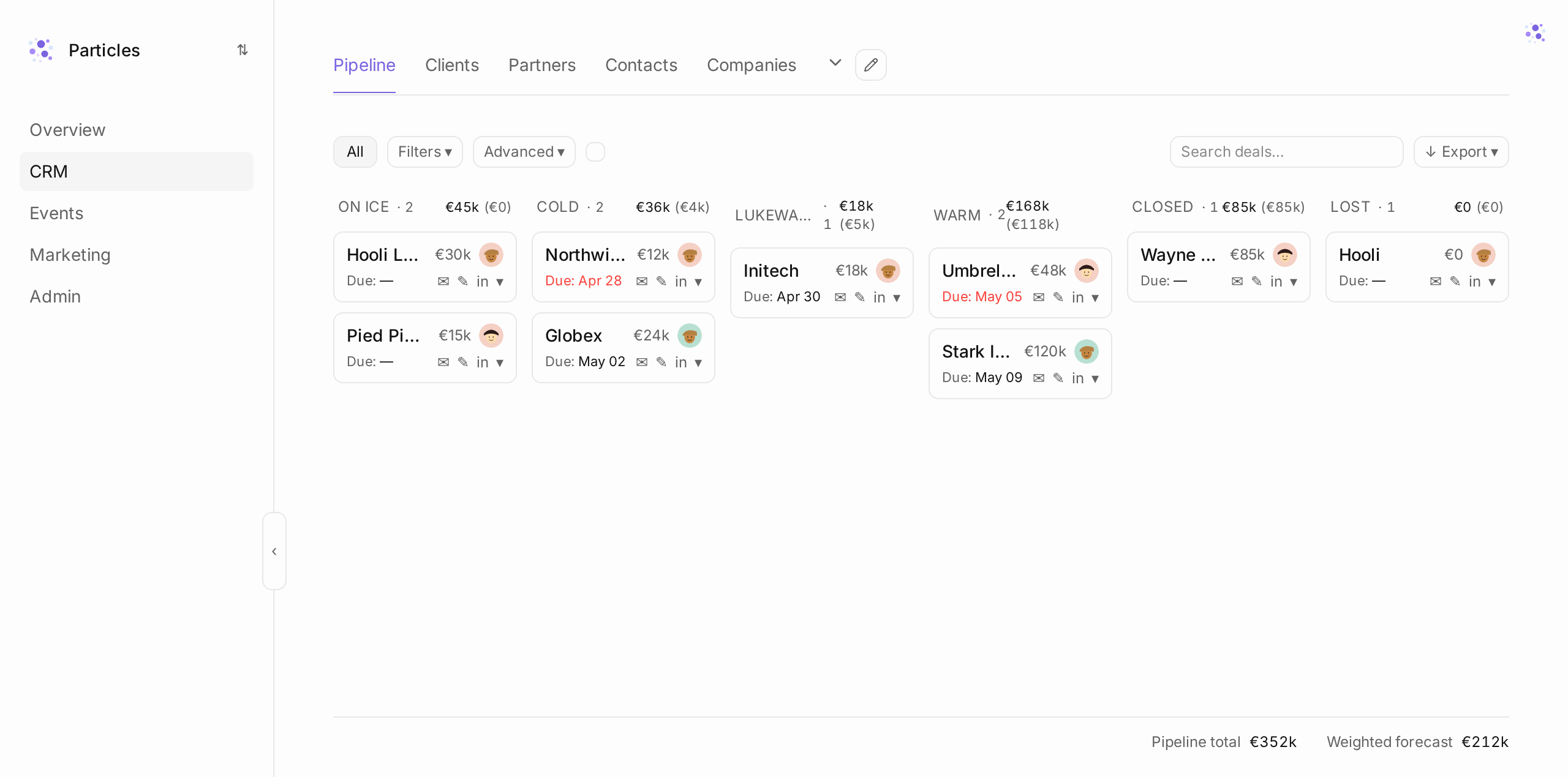 Particles CRM pipeline kanban board